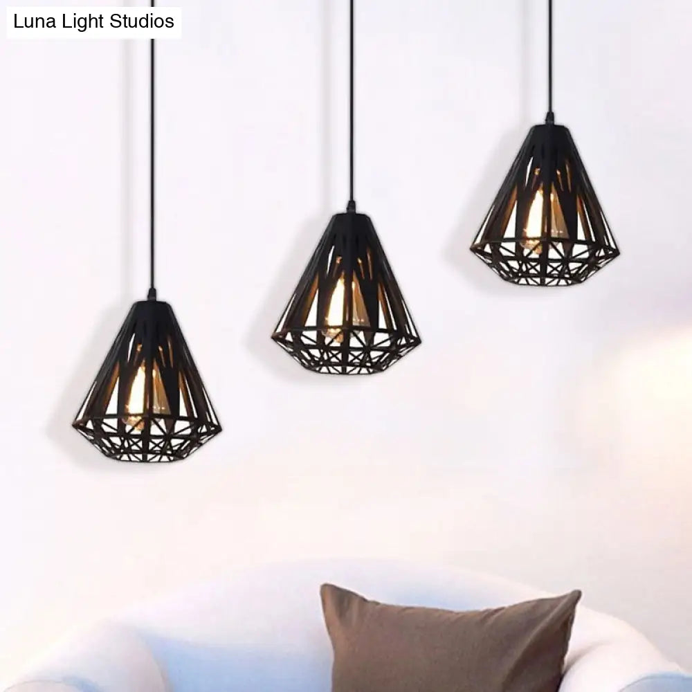 Stylish Wire Cage Suspension Light With Diamond Shade - Loft 3-Head Metal Ceiling Fixture