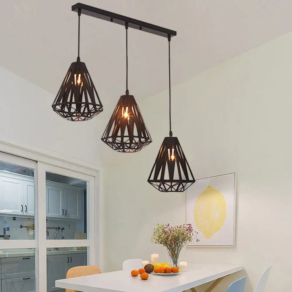 Stylish Wire Cage Suspension Light With Diamond Shade - Loft 3-Head Metal Ceiling Fixture