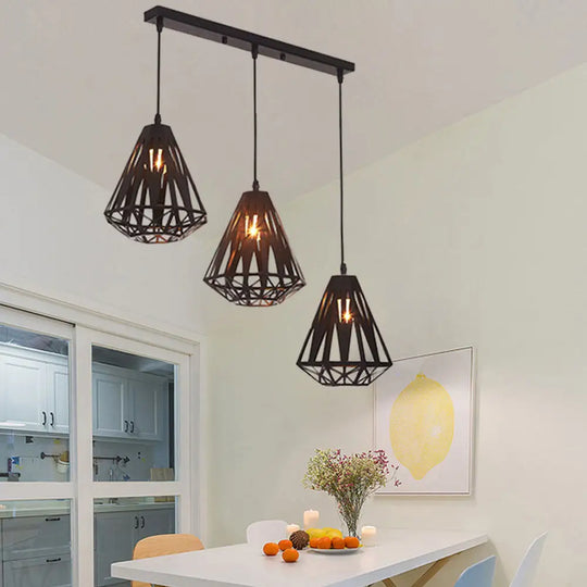 Stylish Wire Cage Suspension Light With Diamond Shade - Loft 3-Head Metal Ceiling Fixture