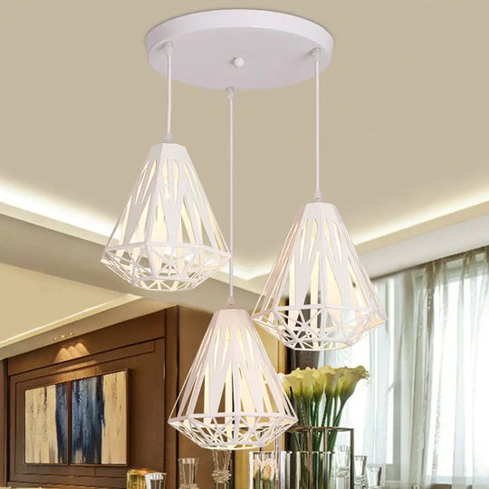 Stylish Wire Cage Suspension Light With Diamond Shade - Loft 3-Head Metal Ceiling Fixture