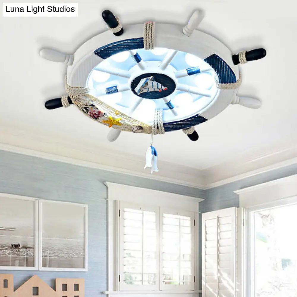 Stylish Wooden Rudder Led Ceiling Light Fixture In Sky Blue/White - Flush Mount White