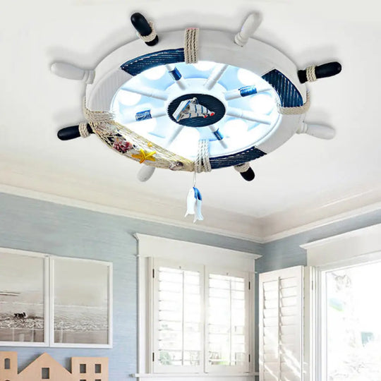 Stylish Wooden Rudder Led Ceiling Light Fixture In Sky Blue/White - Flush Mount White