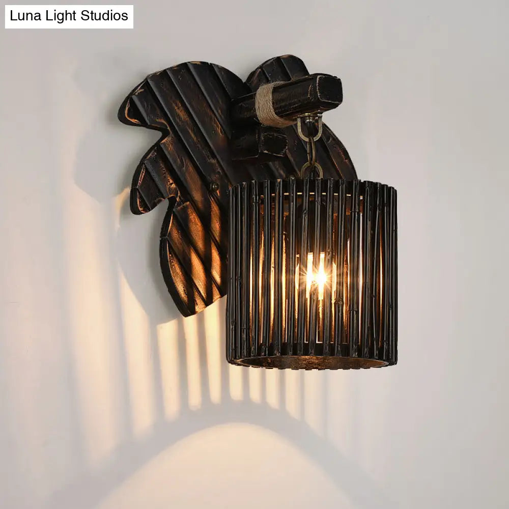 Stylishly Modern Black Cylindrical Wall Light With Bamboo Lamp And Wooden Leaf Backplate