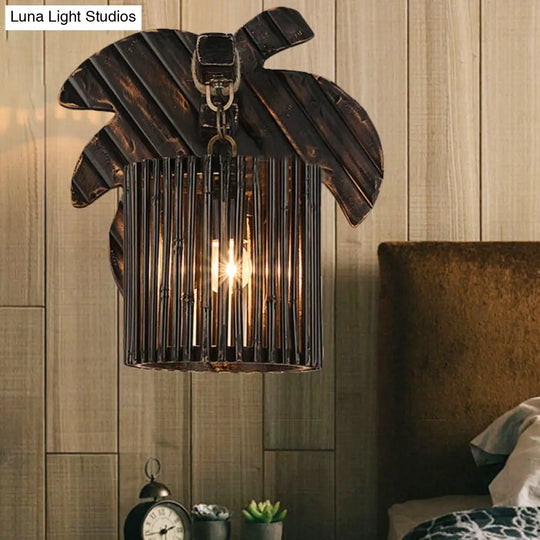 Stylishly Modern Black Cylindrical Wall Light With Bamboo Lamp And Wooden Leaf Backplate