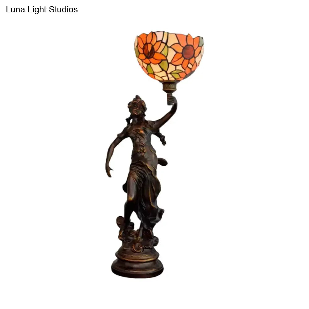 1-Light Inverted Bell Table Lamp With Tiffany Sunflower Glass And Girl Pedestal - Orange/Yellow/Blue