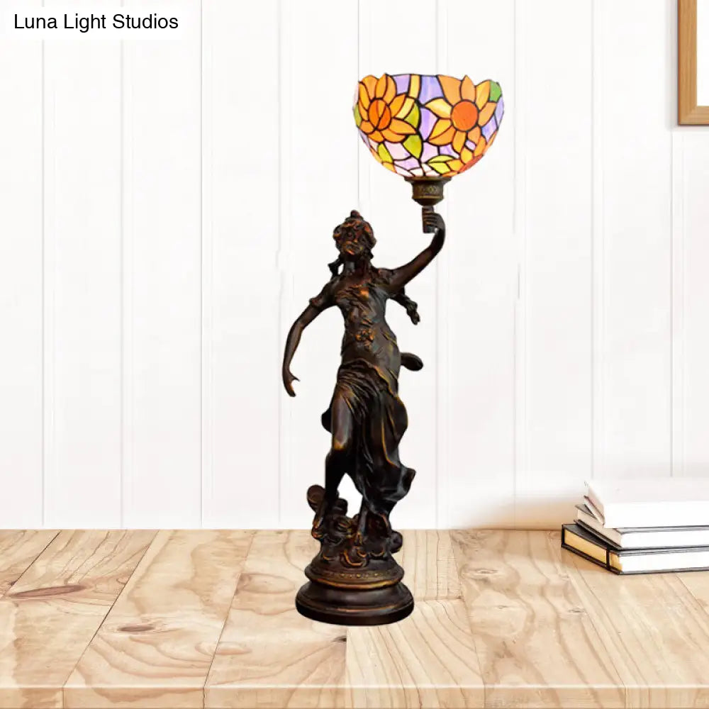 1-Light Inverted Bell Table Lamp With Tiffany Sunflower Glass And Girl Pedestal - Orange/Yellow/Blue