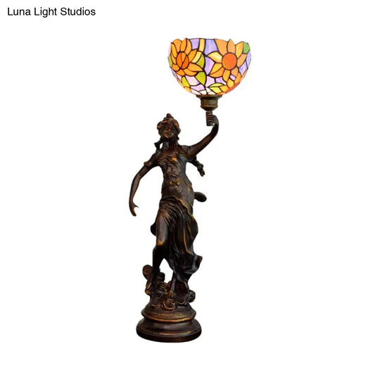 1-Light Inverted Bell Table Lamp With Tiffany Sunflower Glass And Girl Pedestal - Orange/Yellow/Blue