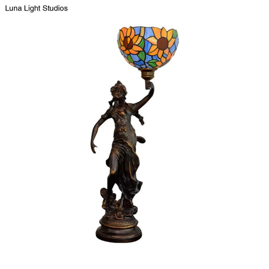 1-Light Inverted Bell Table Lamp With Tiffany Sunflower Glass And Girl Pedestal - Orange/Yellow/Blue