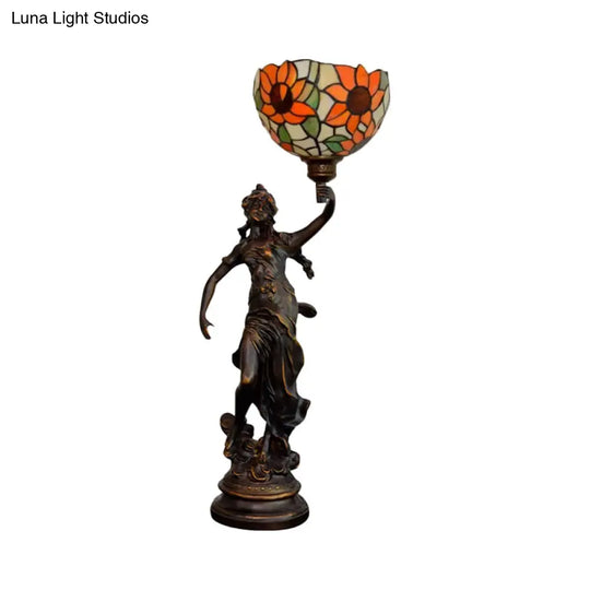 1-Light Inverted Bell Table Lamp With Tiffany Sunflower Glass And Girl Pedestal - Orange/Yellow/Blue