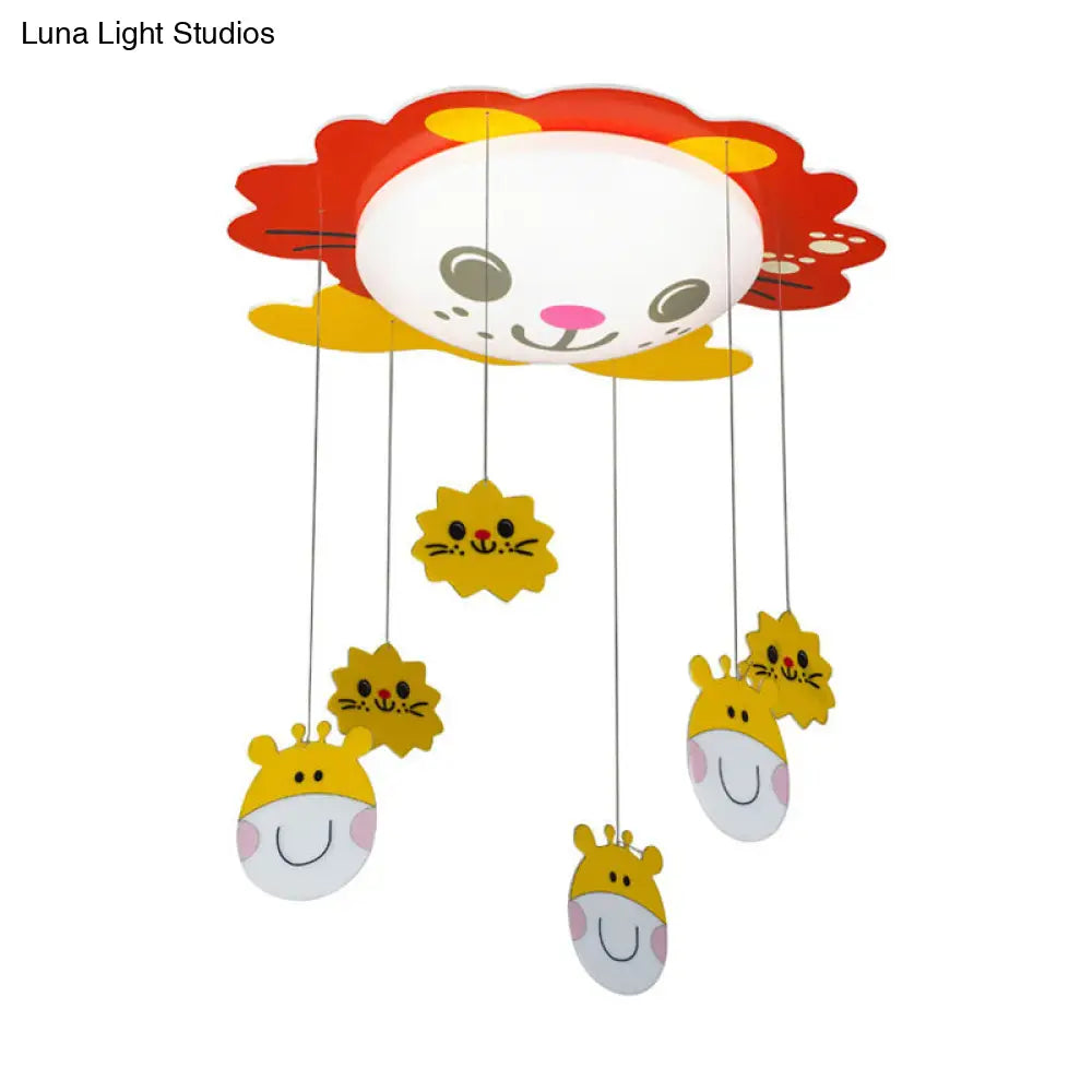 Sun & Animal-Themed Red Kindergarten Ceiling Light With Acrylic Shade