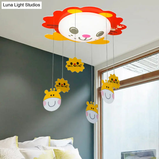 Sun & Animal-Themed Red Kindergarten Ceiling Light With Acrylic Shade