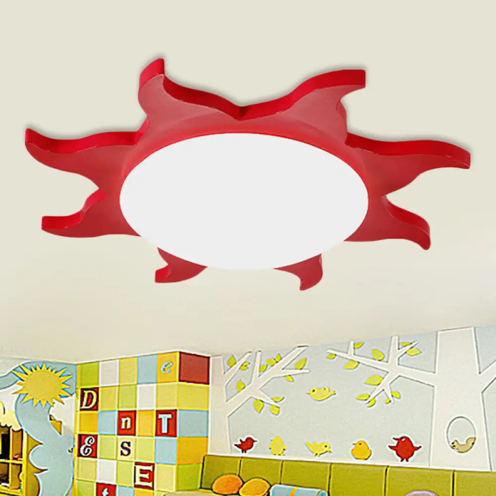 Sun-Shaped Cartoon Wood Acrylic Flush Ceiling Light For Kindergarten Red / 16 Warm