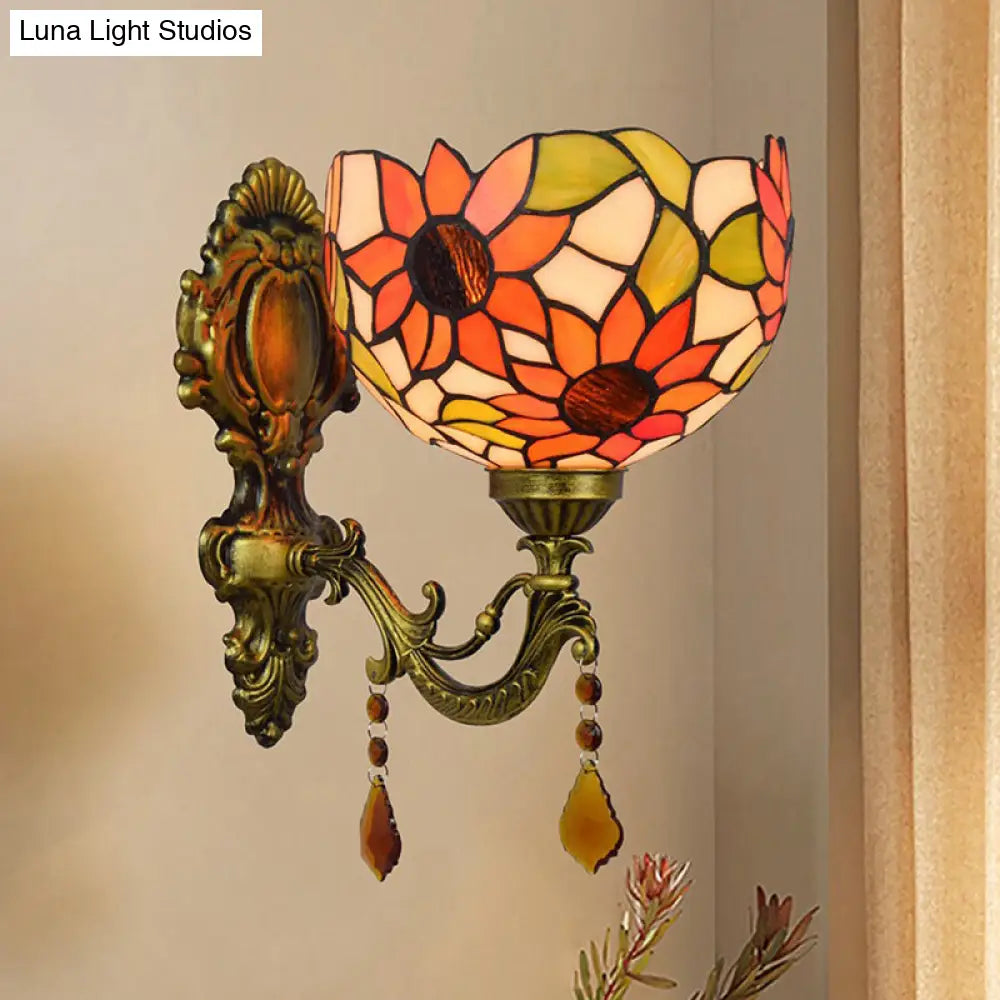 Sunflower Dome Sconce Lamp - Tiffany Style Cut Glass Wall Lighting Fixture With Brass Curved Arm