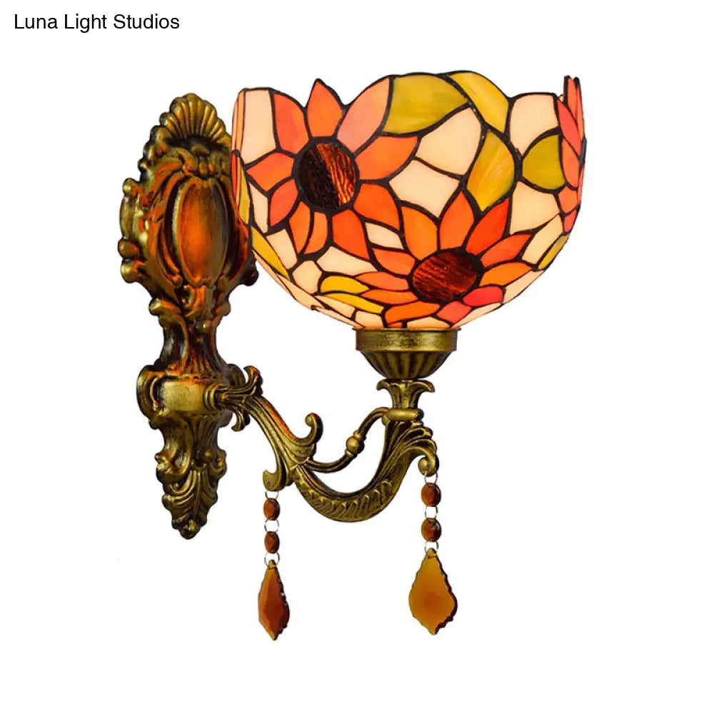 Sunflower Dome Sconce Lamp - Tiffany Style Cut Glass Wall Lighting Fixture With Brass Curved Arm