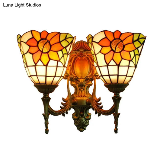 Sunflower Lodge Style Stained Glass Wall Mount Light With Dual Heads - Ideal For Bedroom