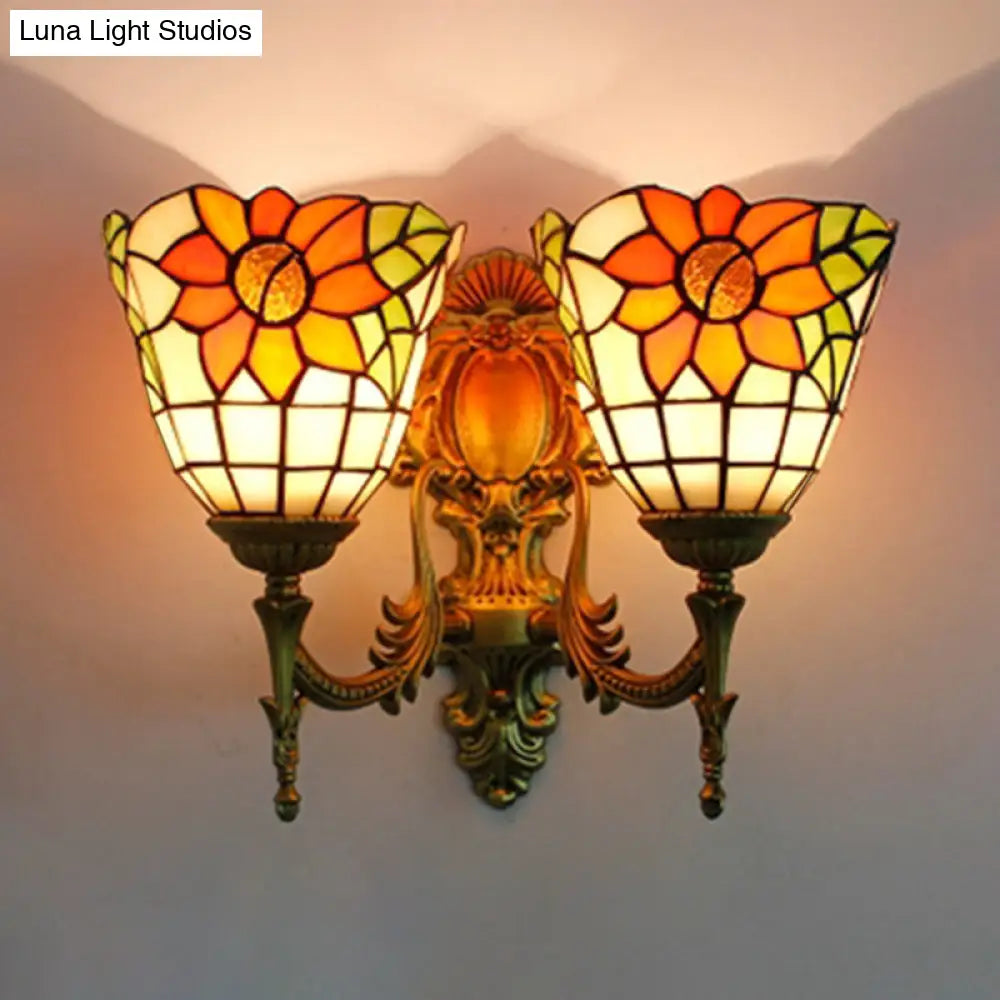 Sunflower Lodge Style Stained Glass Wall Mount Light With Dual Heads - Ideal For Bedroom