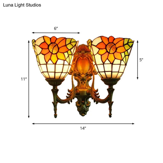 Sunflower Lodge Style Stained Glass Wall Mount Light With Dual Heads - Ideal For Bedroom