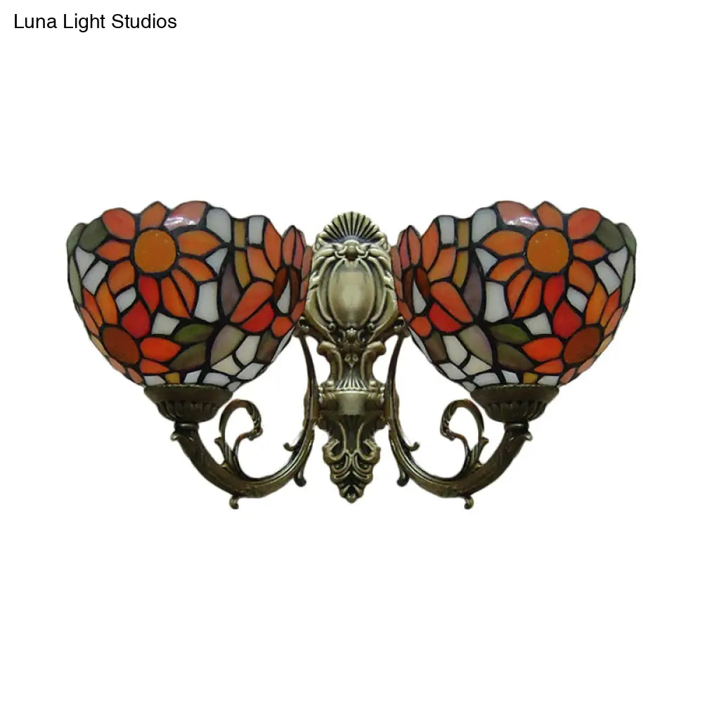 Sunflower Lodge Wall Sconce With Orange/Yellow Glass Shade - 2 Lights Lighting