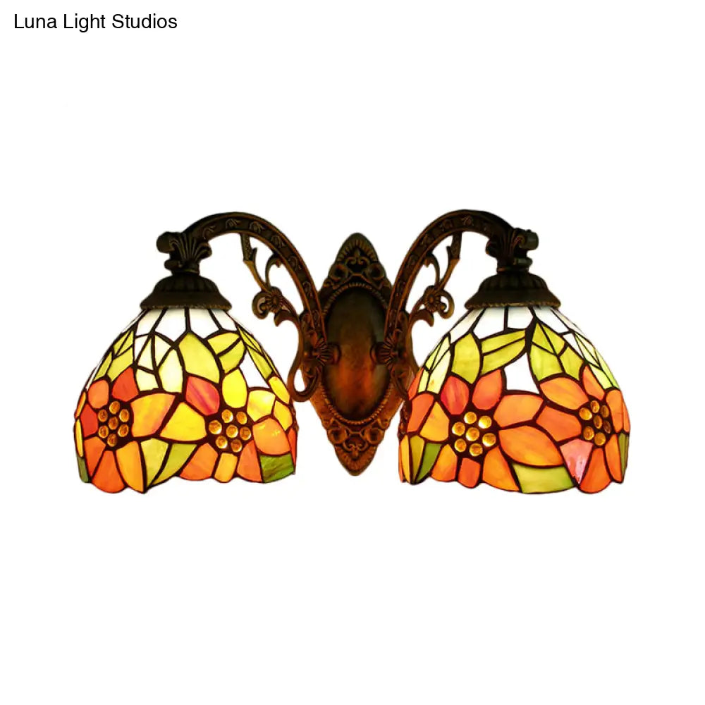 Sunflower Lodge Wall Sconce With Orange/Yellow Glass Shade - 2 Lights Lighting