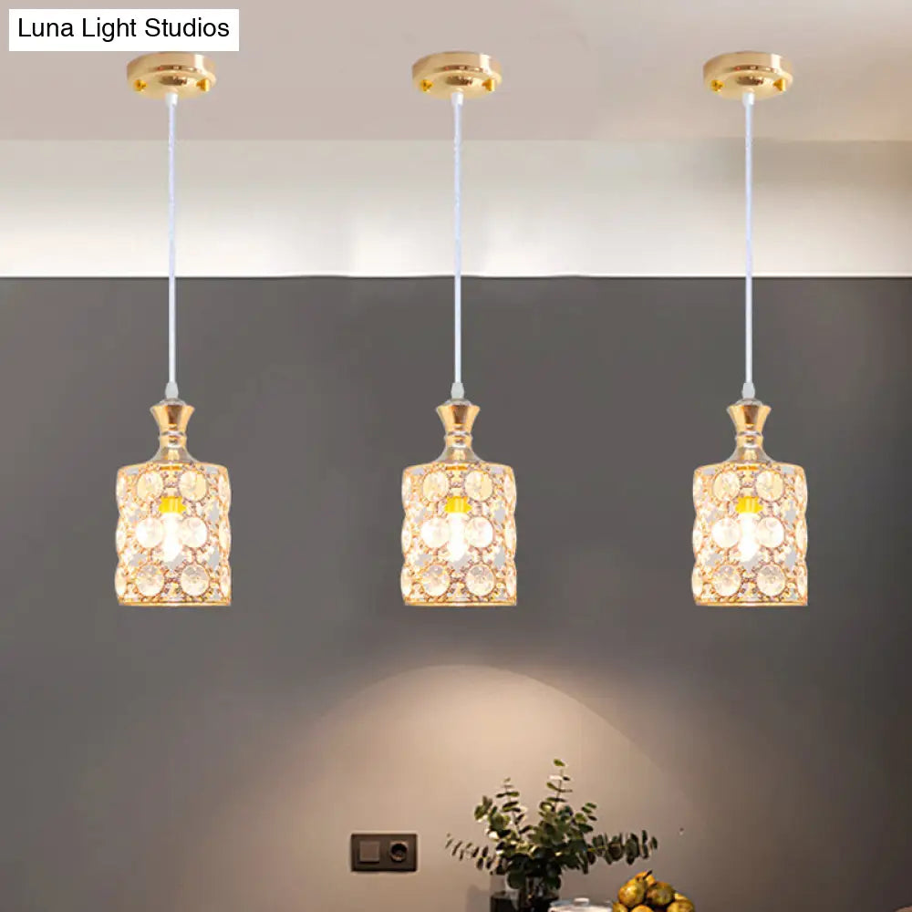 Modern Gold Sunflower Pendulum Pendant Light With Crystal Cylinder Design - 3 Layers 1 Bulb Perfect