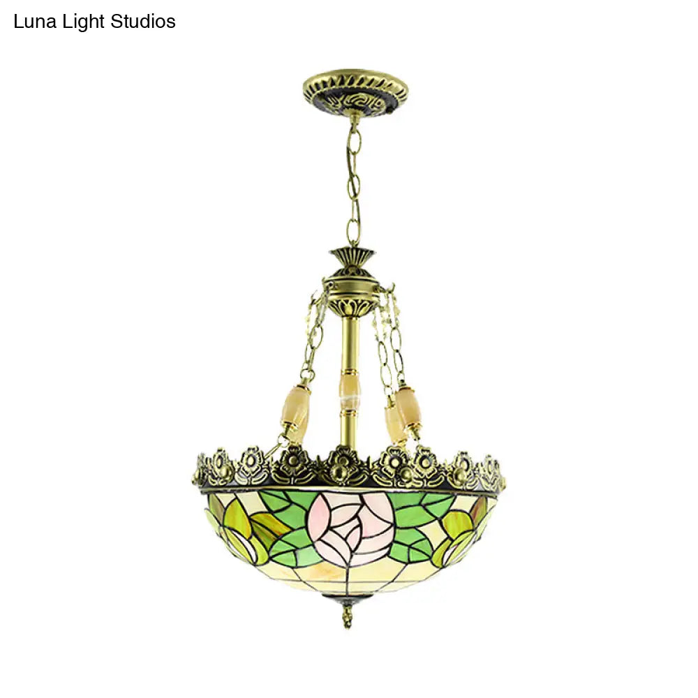 Sunflower/Rose Chandelier Pendant Light Kit - Stained Art Glass 3/4 Lights Red/Green Bedroom