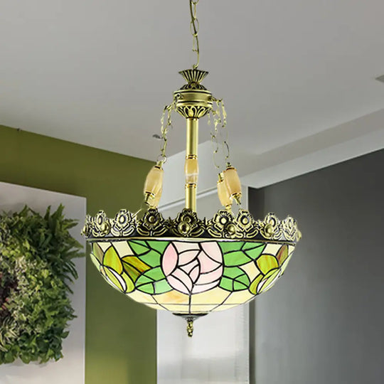 Sunflower/Rose Chandelier Pendant Light Kit - Stained Art Glass 3/4 Lights Red/Green Bedroom