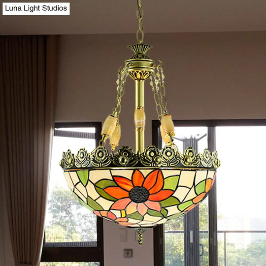 Sunflower/Rose Chandelier Pendant Light Kit - Stained Art Glass 3/4 Lights Red/Green Bedroom