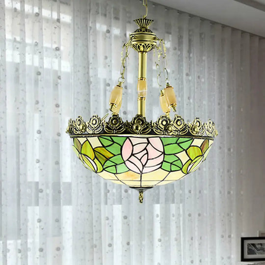 Sunflower/Rose Chandelier Pendant Light Kit - Stained Art Glass 3/4 Lights Red/Green Bedroom