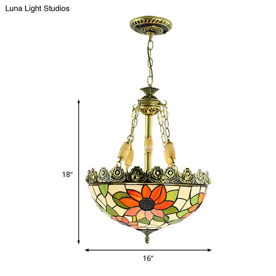 Tiffany Sunflower/Rose Chandelier 4 Light Stained Art Glass Pendant Kit - Red/Green For Bedroom