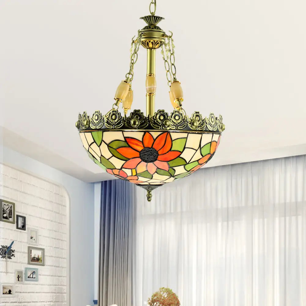 Sunflower/Rose Chandelier Pendant Light Kit - Stained Art Glass 3/4 Lights Red/Green Bedroom