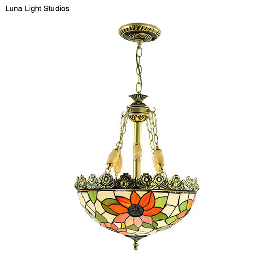 Tiffany Sunflower/Rose Chandelier 4 Light Stained Art Glass Pendant Kit - Red/Green For Bedroom