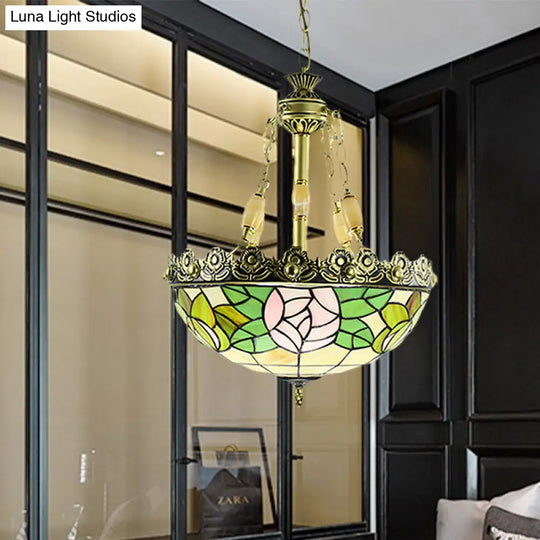 Sunflower/Rose Chandelier Pendant Light Kit - Stained Art Glass 3/4 Lights Red/Green Bedroom