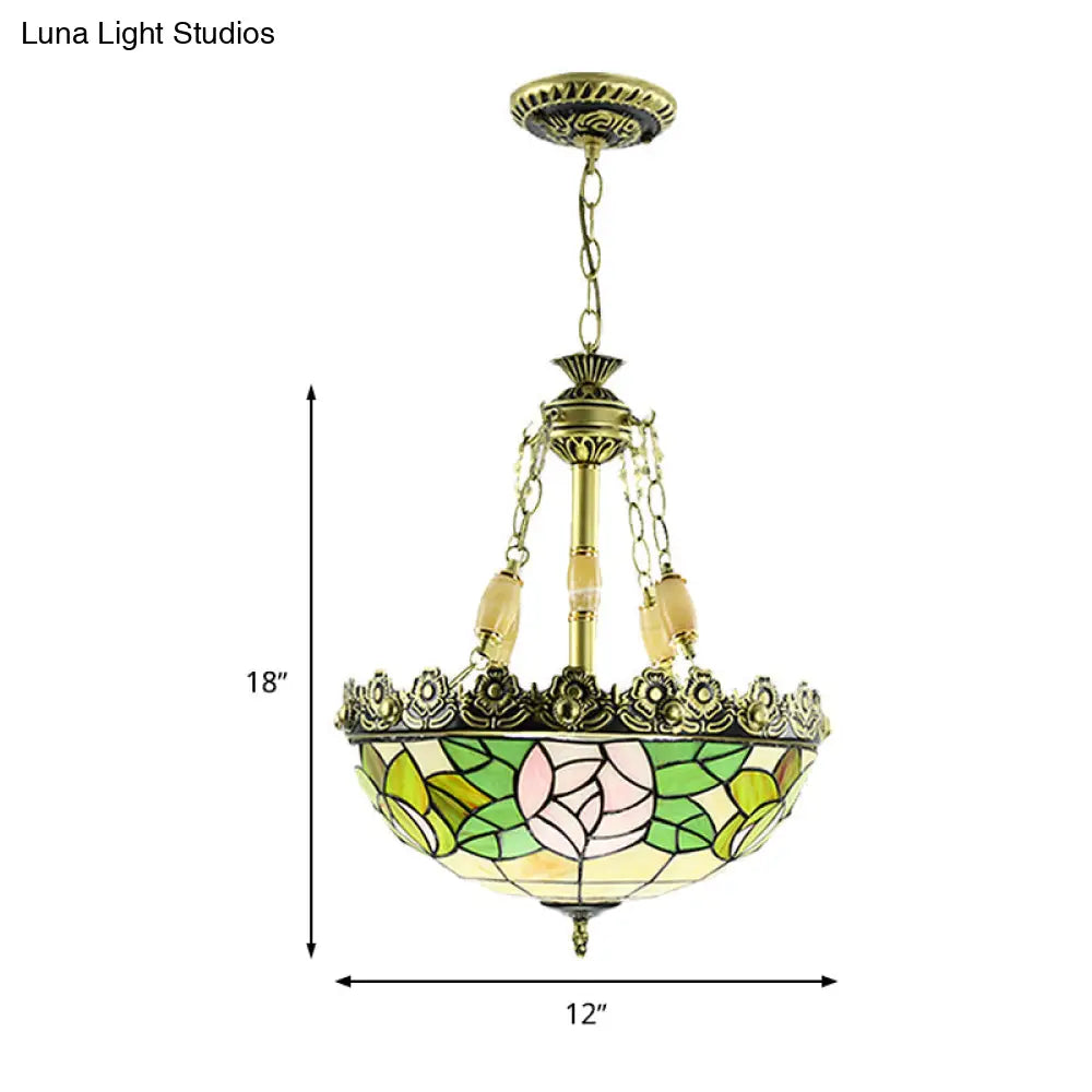 Sunflower/Rose Chandelier Pendant Light Kit - Stained Art Glass 3/4 Lights Red/Green Bedroom