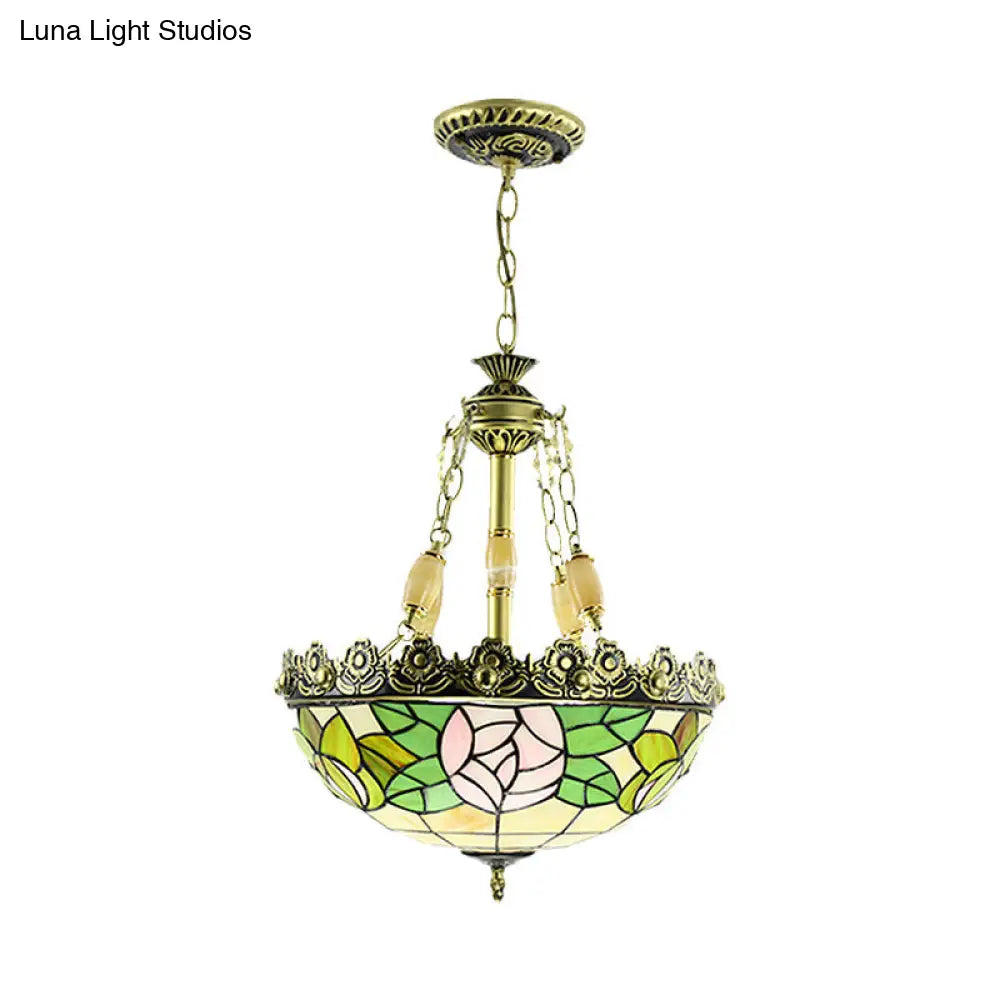 Tiffany Sunflower/Rose Chandelier 4 Light Stained Art Glass Pendant Kit - Red/Green For Bedroom