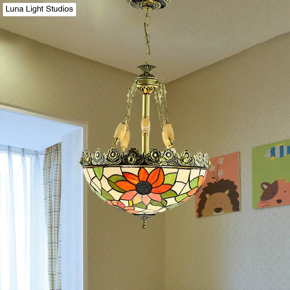 Sunflower/Rose Chandelier Pendant Light Kit - Stained Art Glass 3/4 Lights Red/Green Bedroom