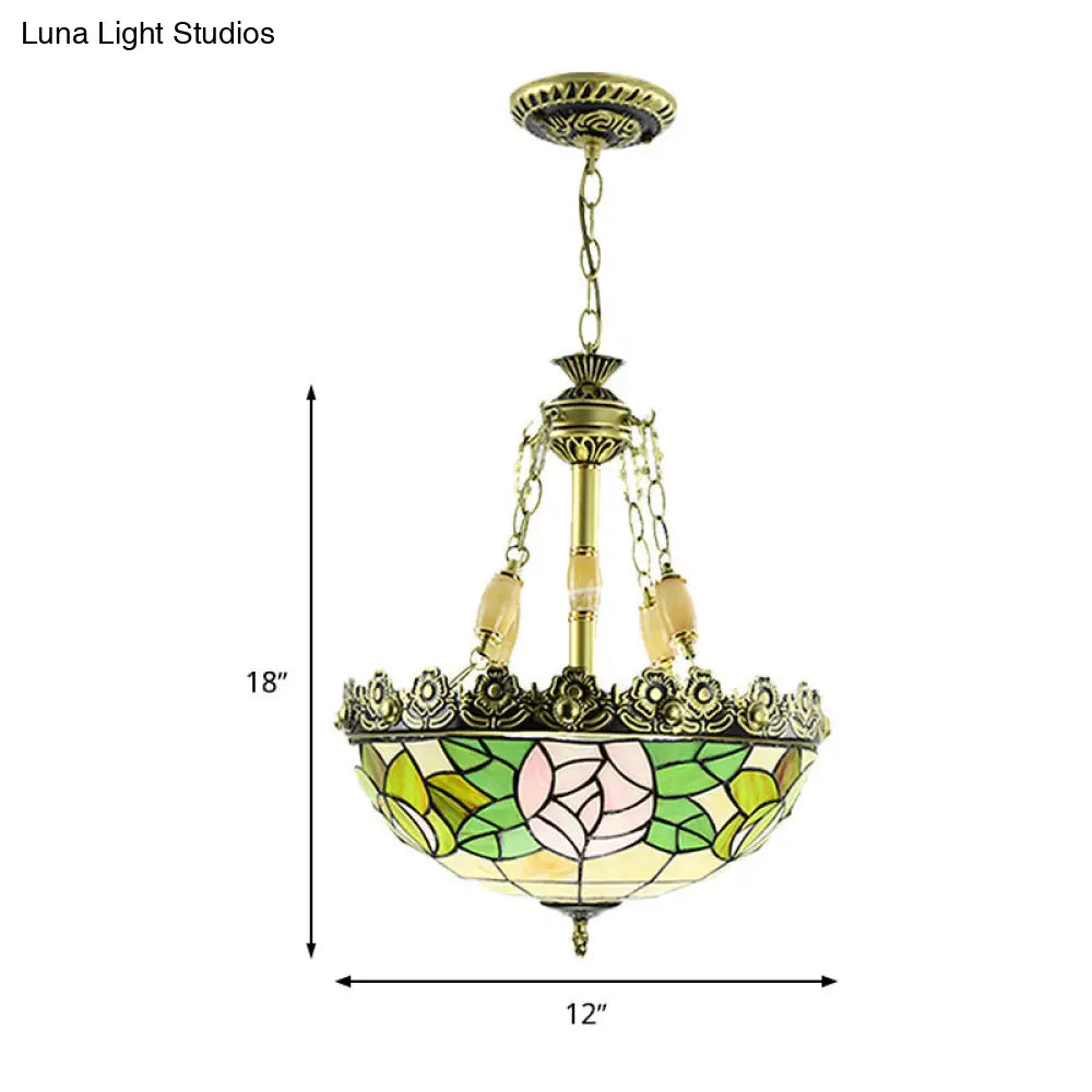 Tiffany Sunflower/Rose Chandelier 4 Light Stained Art Glass Pendant Kit - Red/Green For Bedroom