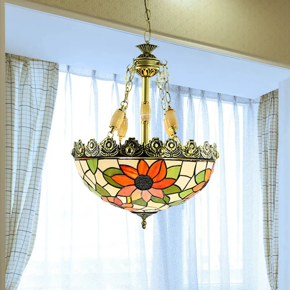 Sunflower/Rose Chandelier Pendant Light Kit - Stained Art Glass 3/4 Lights Red/Green Bedroom