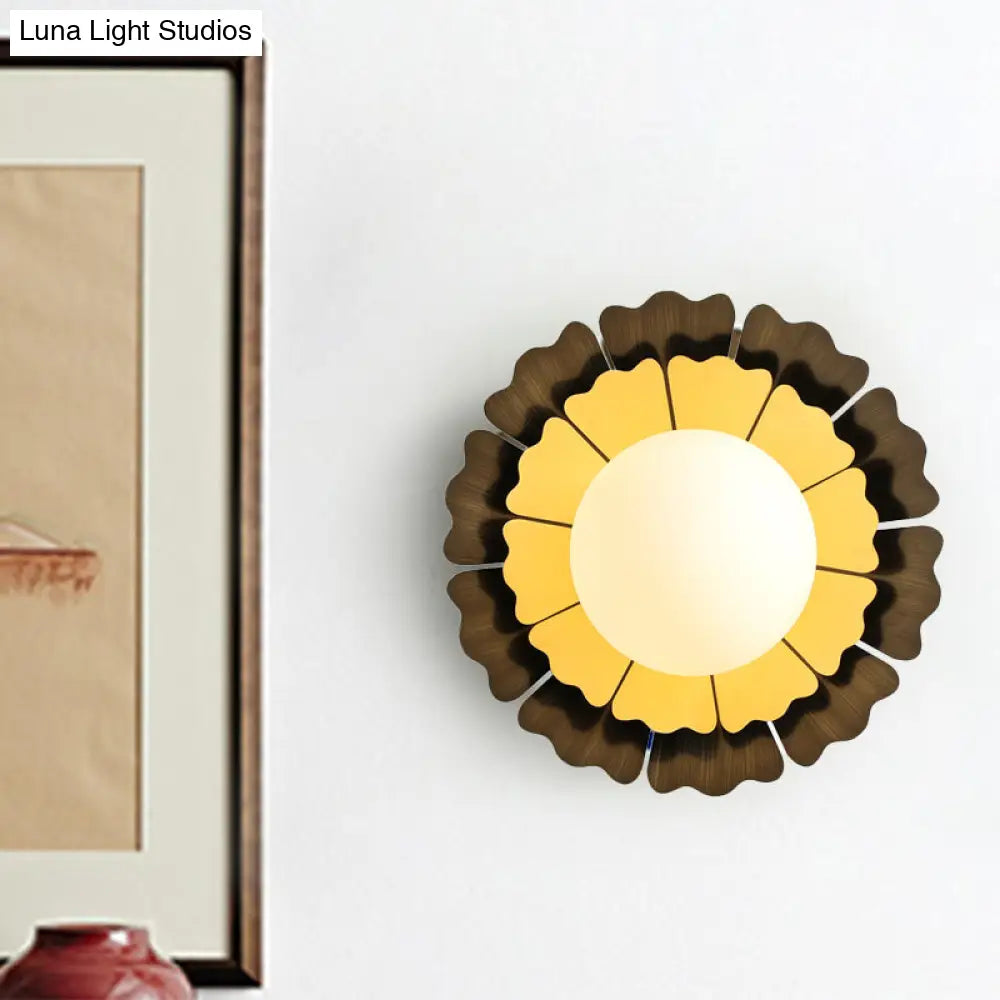 Sunflower Sconce Light Metallic Wall Lamp: Macaron Yellow 1-Light Matte White Glass Ball