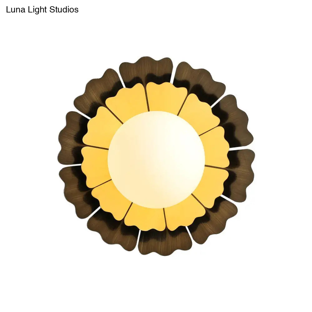 Sunflower Sconce Light Metallic Wall Lamp: Macaron Yellow 1-Light Matte White Glass Ball