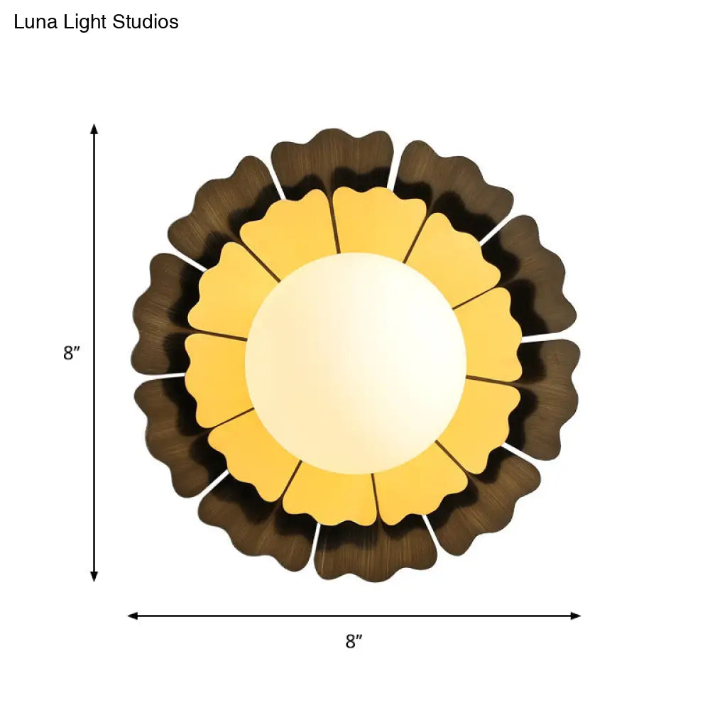 Sunflower Sconce Light Metallic Wall Lamp: Macaron Yellow 1-Light Matte White Glass Ball