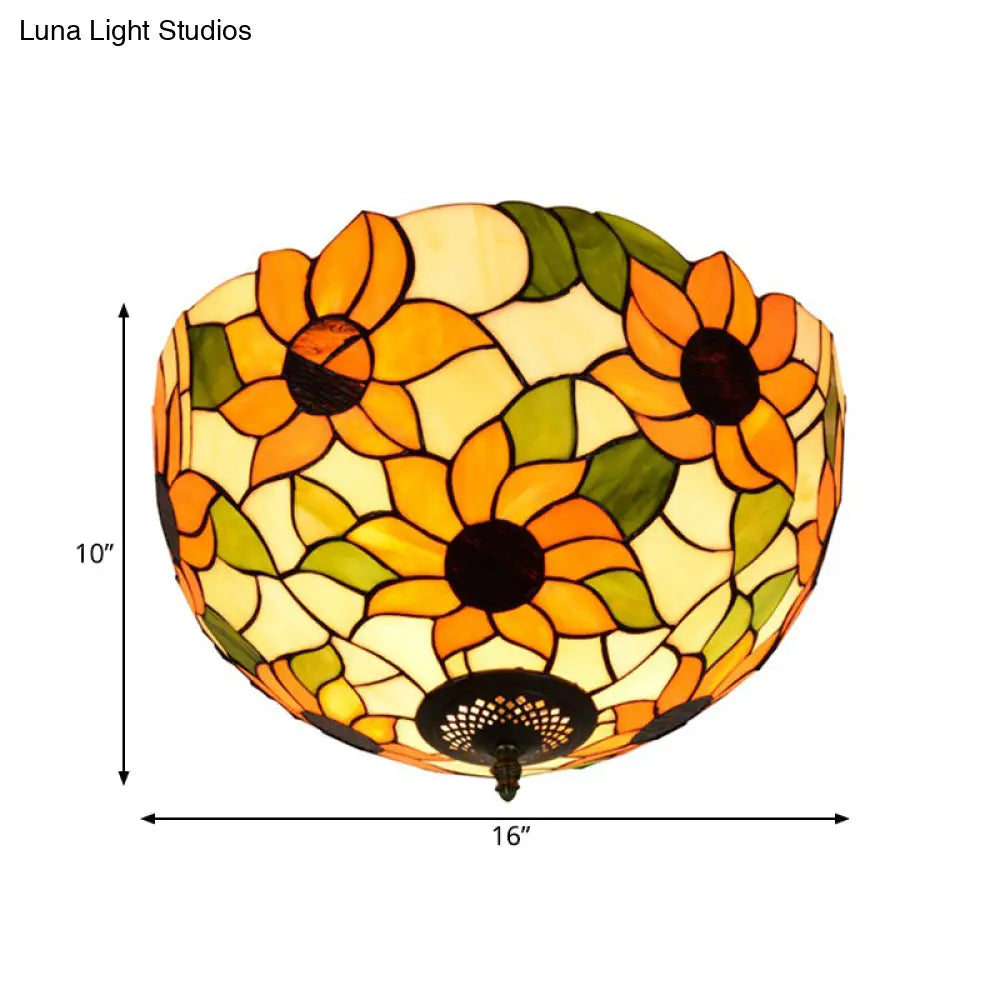 Sunflower Stained Glass Ceiling Fixture - Tiffany 2/3 Lights Yellow & Green Flushmount Lamp