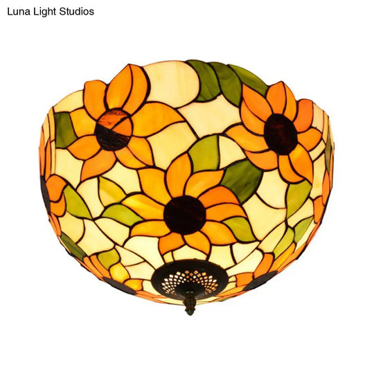 Sunflower Stained Glass Ceiling Fixture - Tiffany 2/3 Lights Yellow & Green Flushmount Lamp 12/16 W