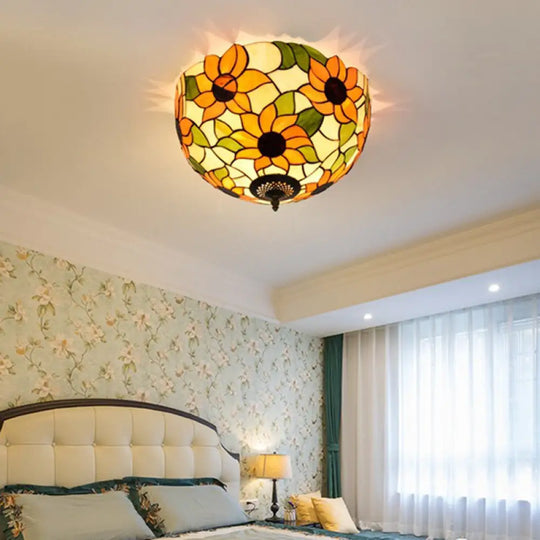 Sunflower Stained Glass Ceiling Fixture - Tiffany 2/3 Lights Yellow & Green Flushmount Lamp