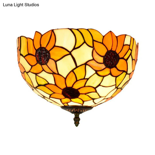 Sunflower Stained Glass Ceiling Fixture - Tiffany 2/3 Lights Yellow & Green Flushmount Lamp 12/16 W