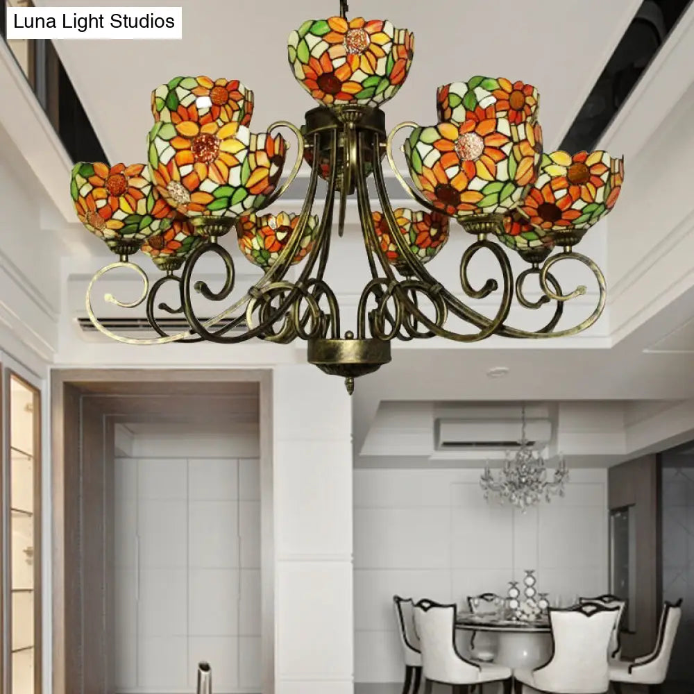 Sunflower Chandelier Tiffany Suspension Light In Antique Bronze For Villa