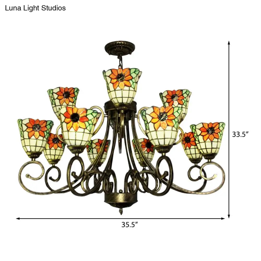 Sunflower Stained Glass Chandelier - Exquisite Tiffany Suspension Light In Antique Bronze | Ideal