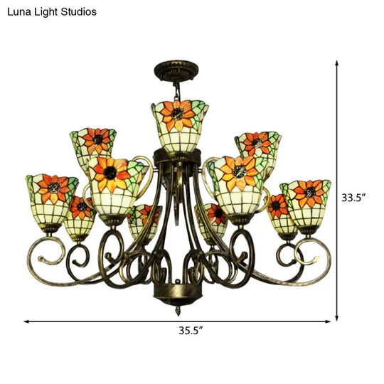 Sunflower Stained Glass Chandelier - Exquisite Tiffany Suspension Light In Antique Bronze | Ideal