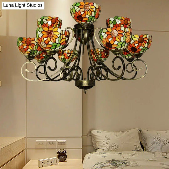 Sunflower Chandelier Tiffany Suspension Light In Antique Bronze For Villa / Dome