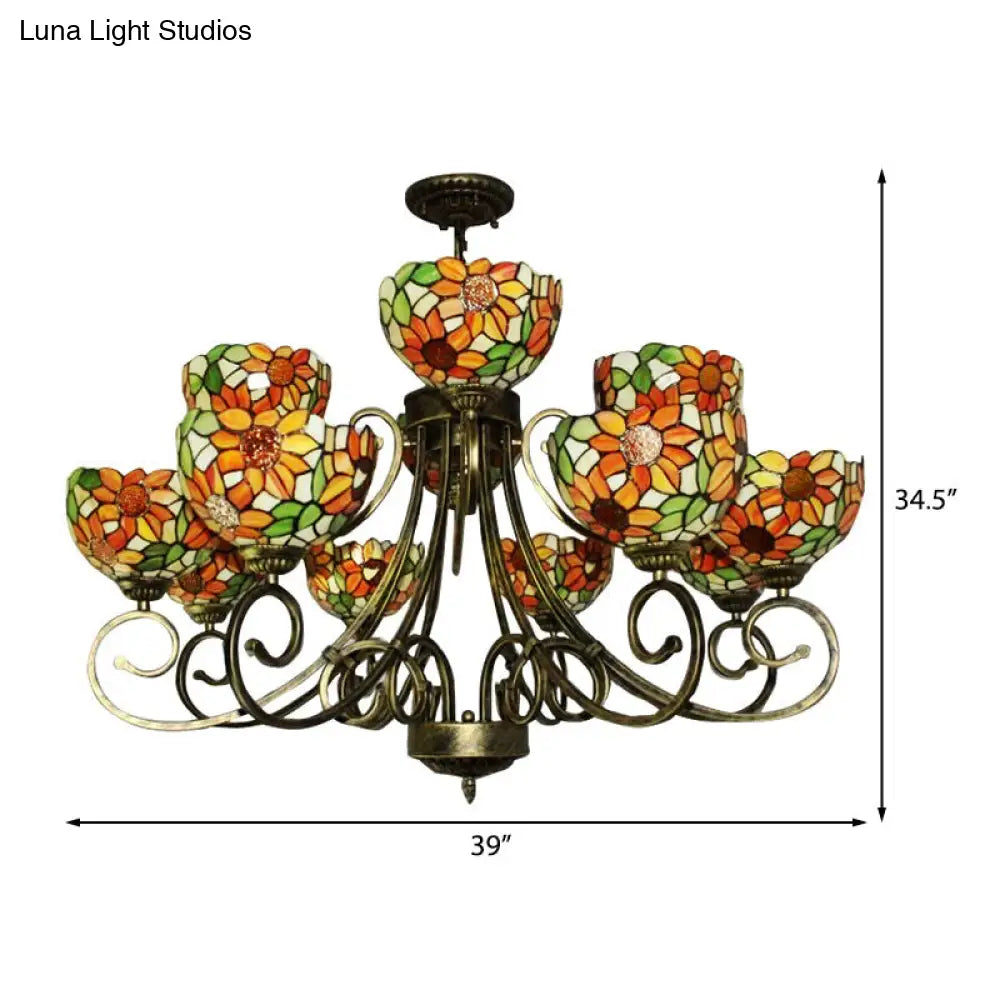 Sunflower Chandelier Tiffany Suspension Light In Antique Bronze For Villa