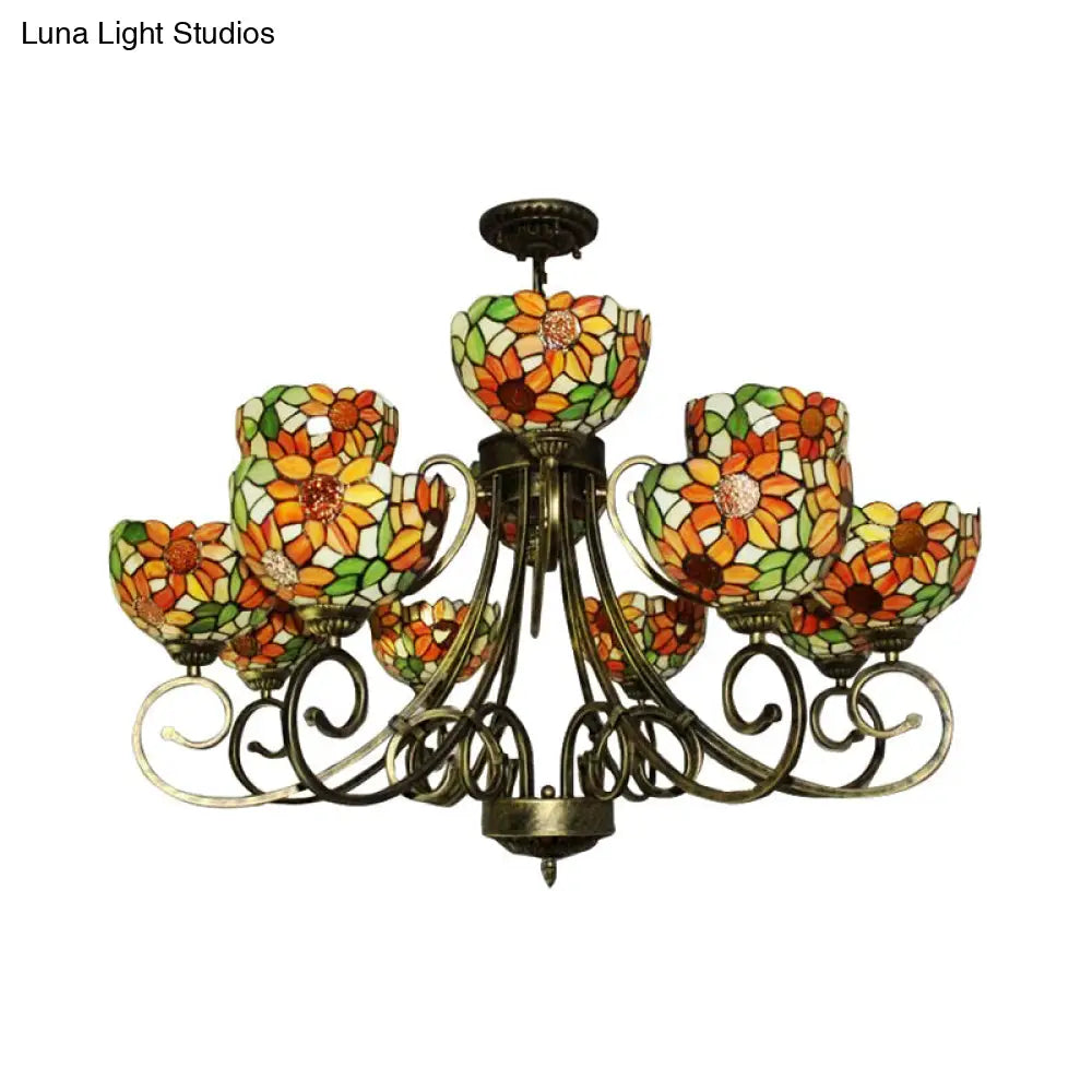 Sunflower Stained Glass Chandelier - Exquisite Tiffany Suspension Light In Antique Bronze | Ideal